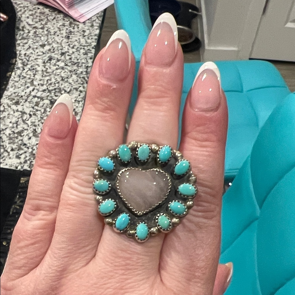 Turquoise and Silver Heart Ring sz 9